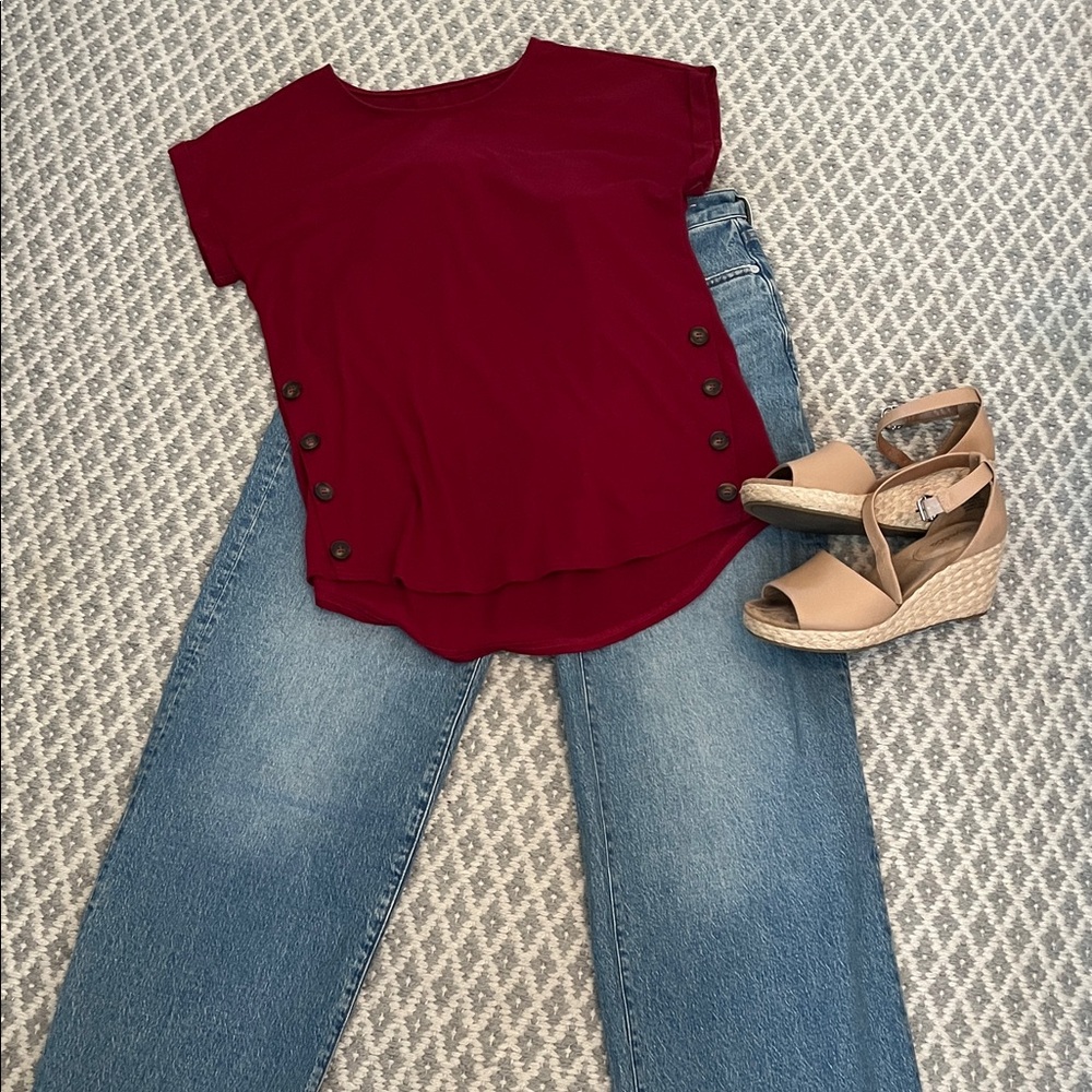 Cranberry Button Tshirt Rolled Sleeves